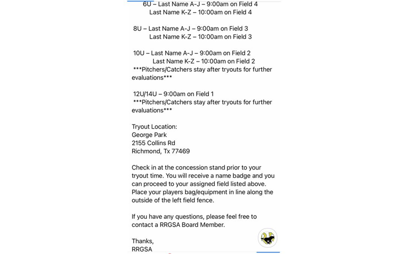 Tryout Schedule 1/29/22
