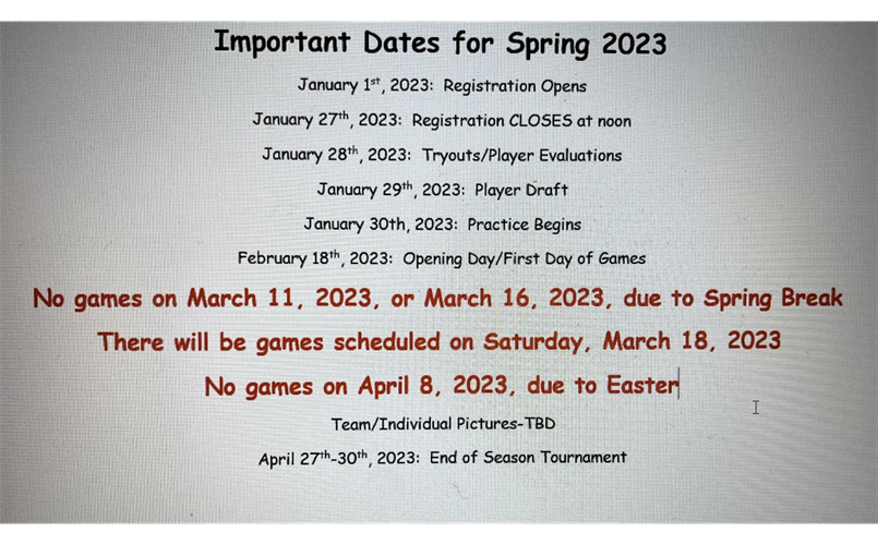Important Dates Spring 2023